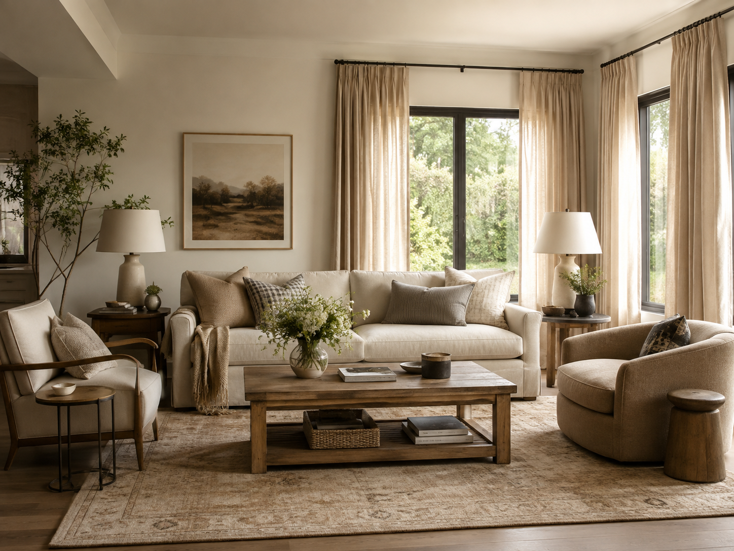 A finished living room with a sofa, chairs, rug, coffee table, lamps, drapery, and artwork